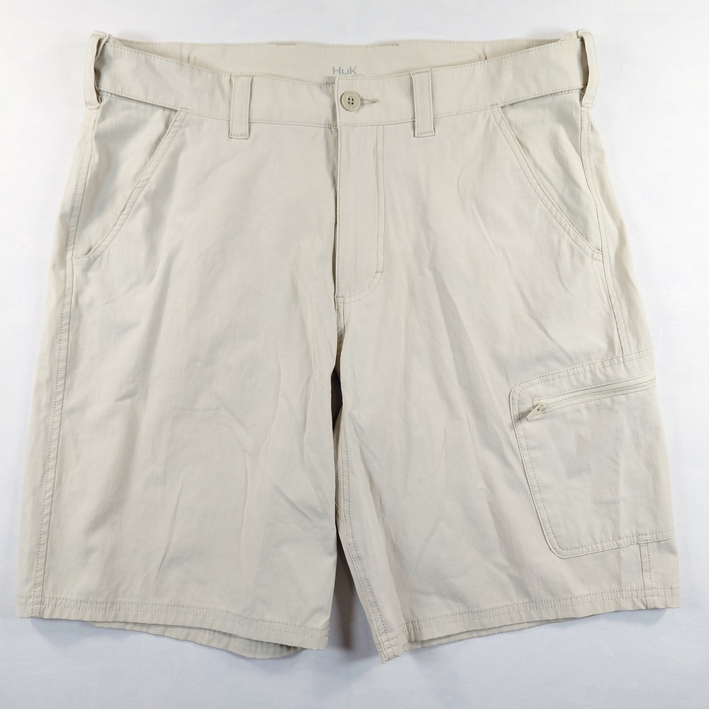 Huk Outdoor Fishing Shorts Beige Khaki Mens Large Stretch Cargo Utility